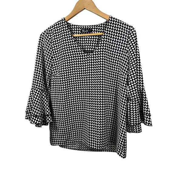 BALI Women's Houndstooth Print Statement Sleeve Blouse Black Size Petite Small - Picture 1 of 6